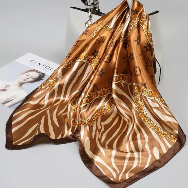 ZIBRA METAL CHAIN FLOWER PATTERN SILKY BANDANA SQUARE NECK SCARF