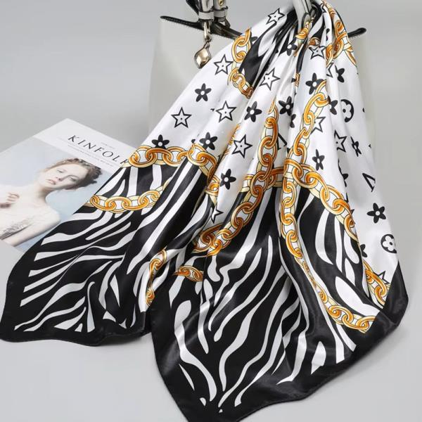 ZIBRA METAL CHAIN FLOWER PATTERN SILKY BANDANA SQUARE NECK SCARF