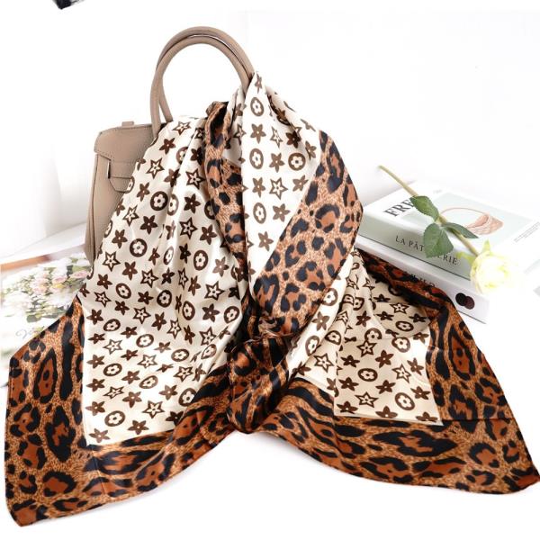 LEOPARD FLOWER PATTERN SILKY BANDANA SQUARE NECK SCARF