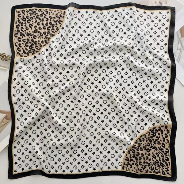 LEOPARD FLOWER PATTERN SILKY BANDANA SQUARE NECK SCARF