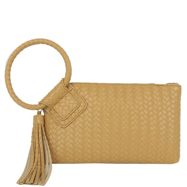 TEXTURED WOVEN WRISTLET FRINGE CLUTCH BAG