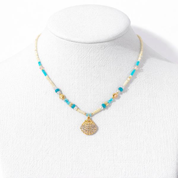 SHELL BLUE GLASS SEED BEAD NECKLACE