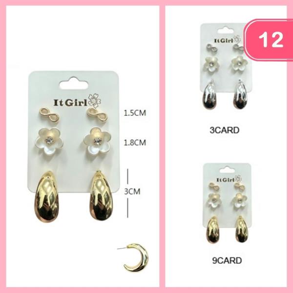 3PC INFINITY FLOWER POST HOOP EARRING SET (12 UNITS)