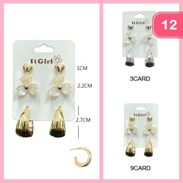 HEART FLOWER POST HOOP EARRING SET (12 UNITS)