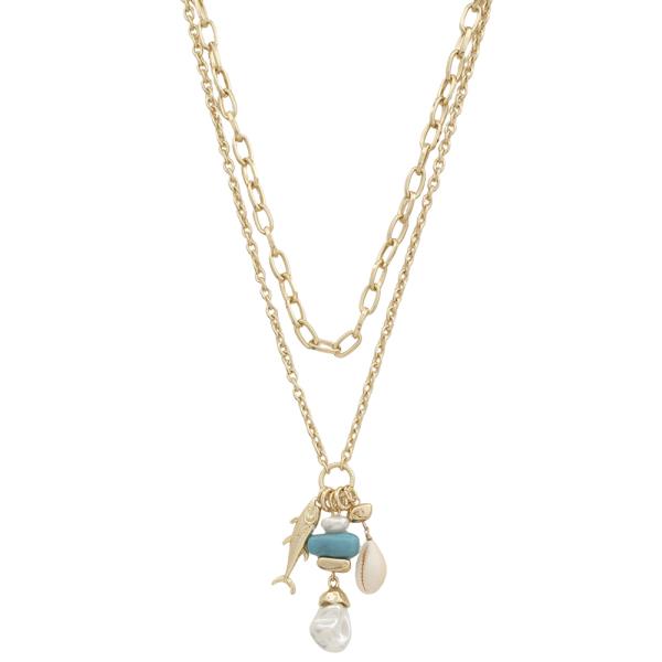 FISH SHELL PEARL CHARM CHAIN LINK LAYER NECKLACE