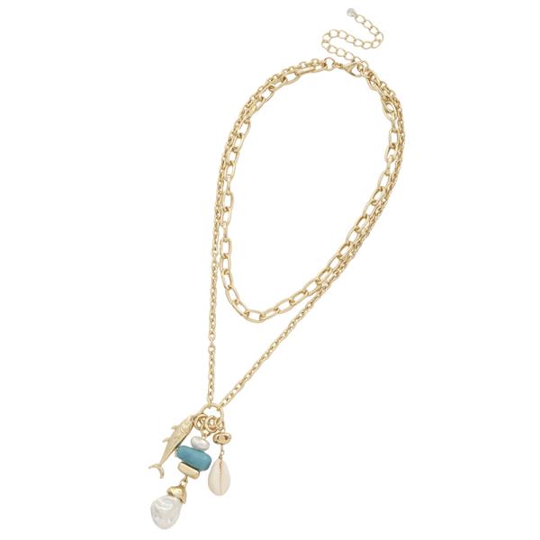 FISH SHELL PEARL CHARM CHAIN LINK LAYER NECKLACE
