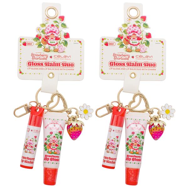 2PC CELAVI STRAWBERRY SHORTCAKE GLOSS BALM DUO WITH KEYCHAIN