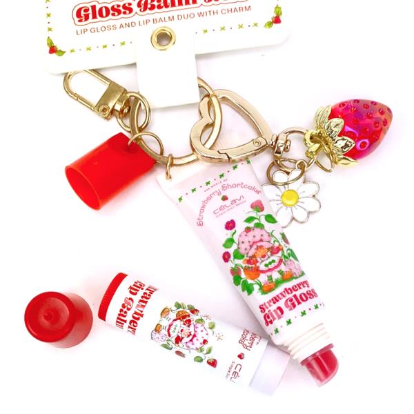 2PC CELAVI STRAWBERRY SHORTCAKE GLOSS BALM DUO WITH KEYCHAIN
