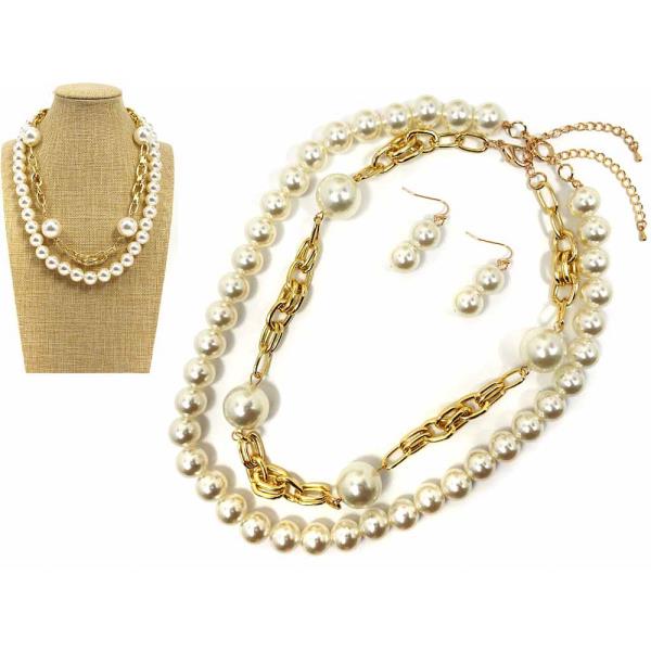 LAYER W PEARL NECKLACE EARRINGS SET