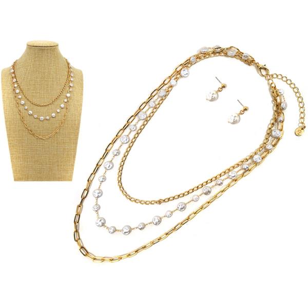 LAYERED W PEARL NECKLACE EARRING SET