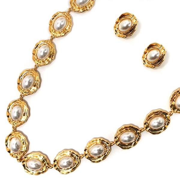 METAL W PEARL NECKLACE EARRING SET