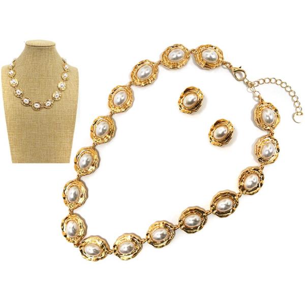 METAL W PEARL NECKLACE EARRING SET