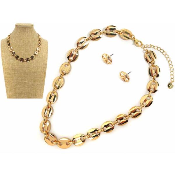 METAL OVAL CHAIN NECKLACE EARRING SET