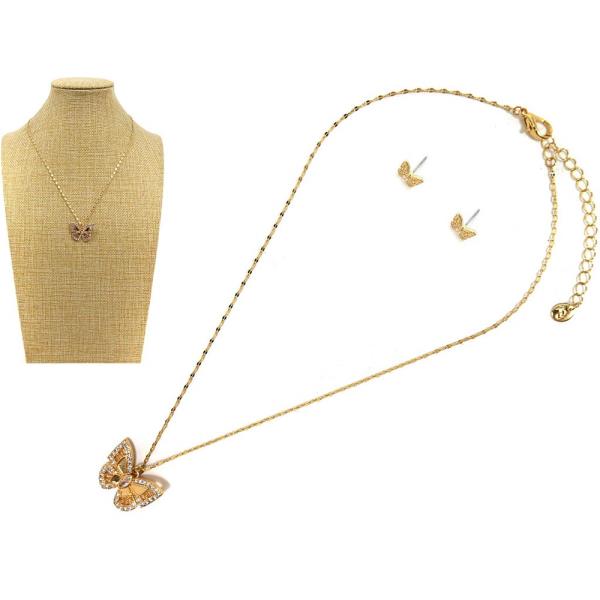 BUTTERFLY PENDANT W STONE EARRING NECKLACE SET