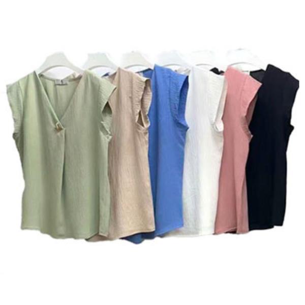 WOVEN V NECK CAP SLEEVE TOP