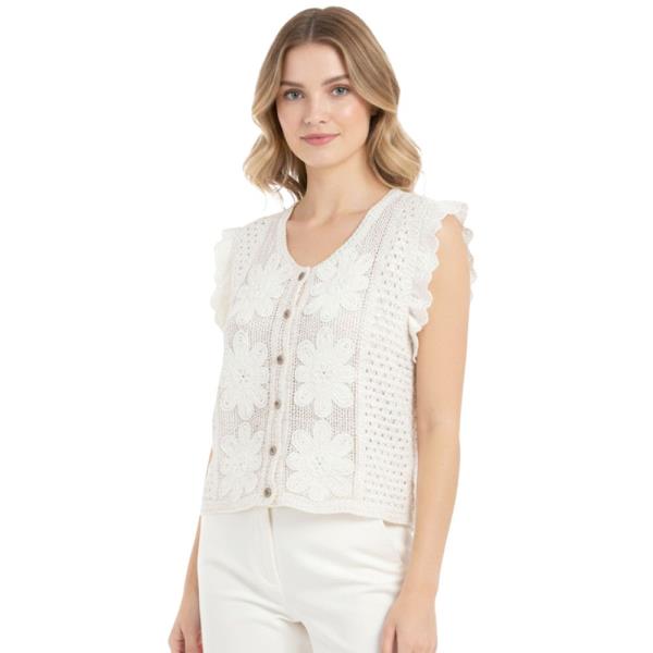 EYELET RUFFLE TRIM BUTTON FRONT SLEEVELESS TOP