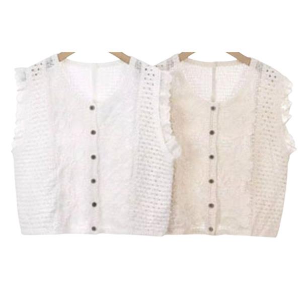 EYELET RUFFLE TRIM BUTTON FRONT SLEEVELESS TOP