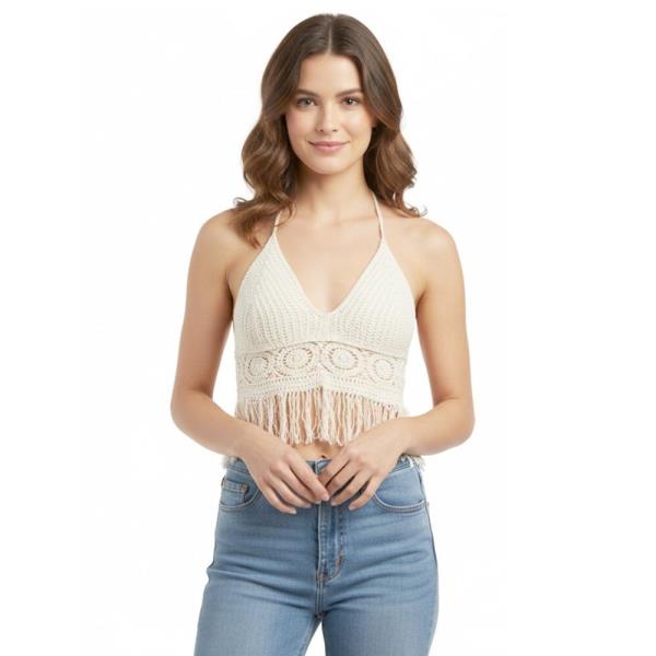 CROCHET FRINGE HALTER CROP TOP