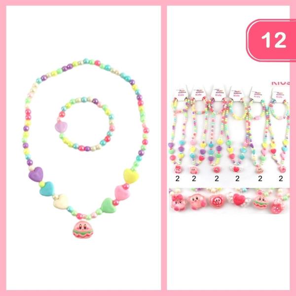 BEADED HEART CHARMS NECKLACE BRACELET SET (12 UNITS)