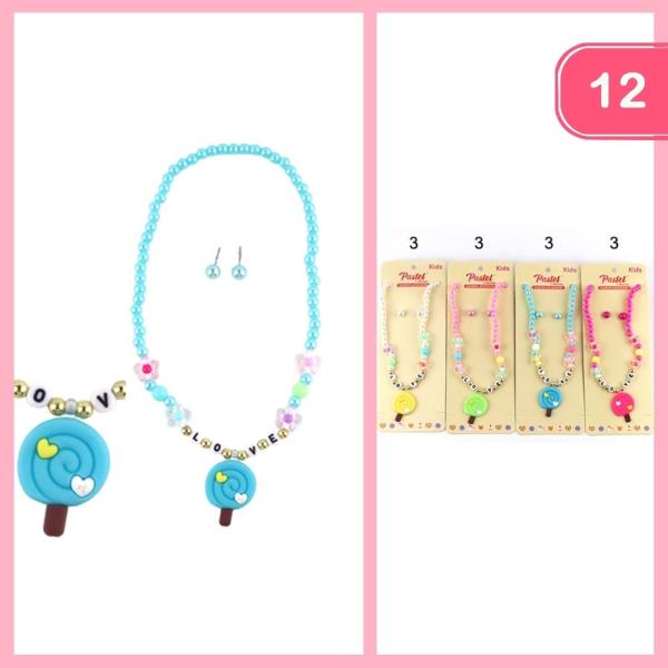 BEADED LOVE LOLLIPOP PENDANT NECKLACE EARRING SET (12 UNITS)