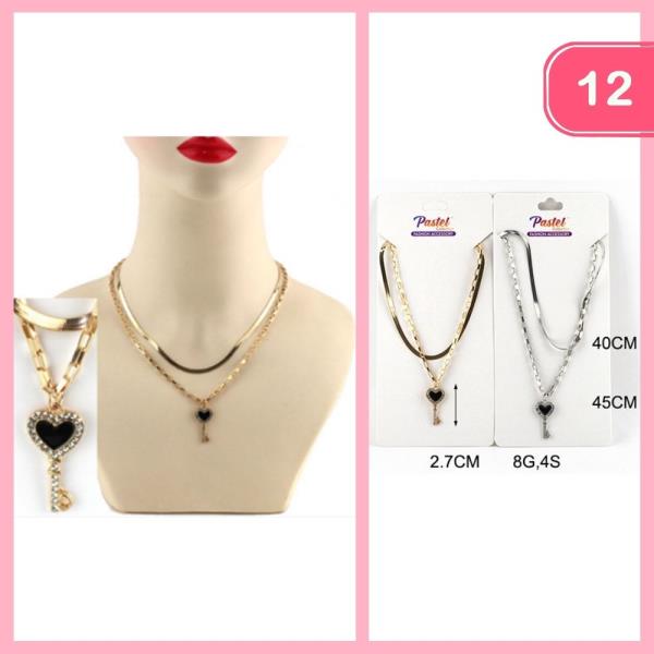 RHINESTONE KEY PENDANT LAYERED NECKLACE (12 UNITS)