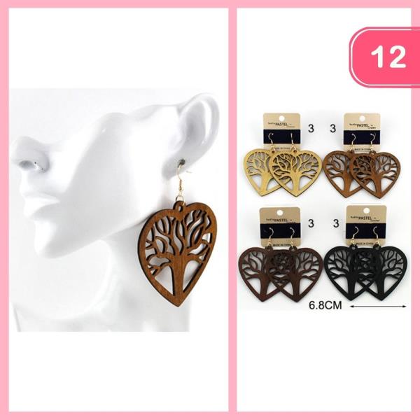 WOODEN TREE HEART DANGLE EARRING (12 UNITS)