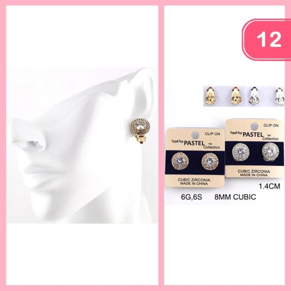 CZ RHINESTONE POST CLIP ON EARRINGS (12 UNITS)