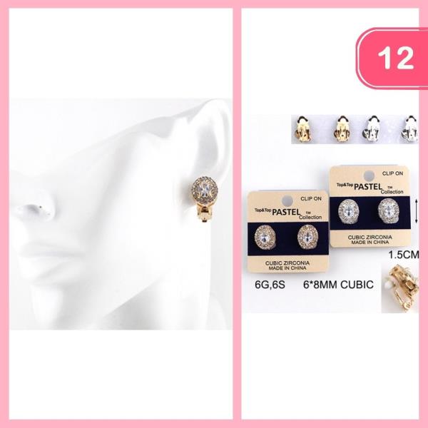 CZ RHINESTONE POST CLIP ON EARRINGS (12 UNITS)