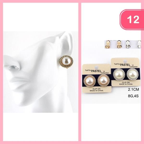 RHINESTONE PEARL POST CLIP ON EARRINGS (12 UNITS)