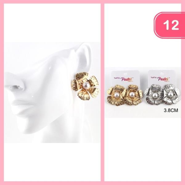 METAL FLOWER W/ PEARL POST EARRING (12 UNITS)