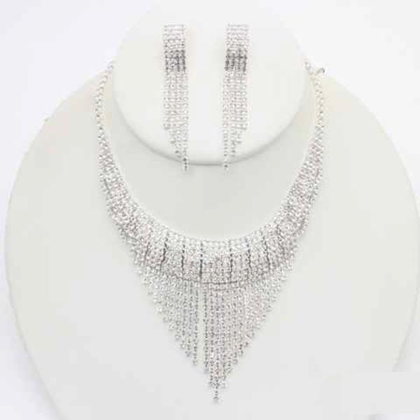 RHINESTONE FRINGE TASSEL STATEMENT NECKLACE EARRING SET