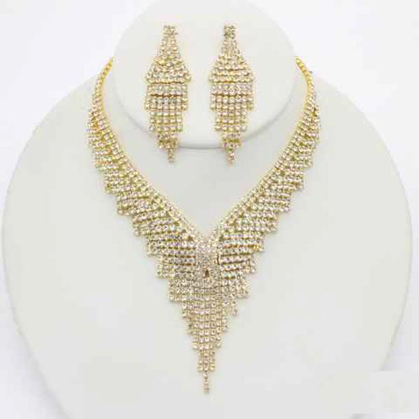 RHINESTONE FRINGE TASSEL STATEMENT NECKLACE EARRING SET