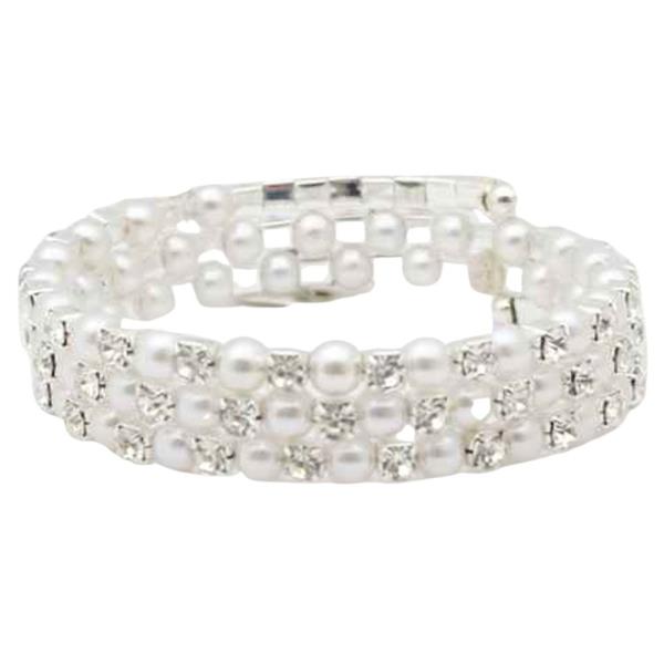 RHINESTONE PEARL METAL SWIRL BANGLE BRACELET