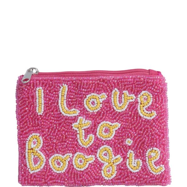 SEED BEAD I LOVE TO BOOGIE LETTERING COIN PURSE BAG