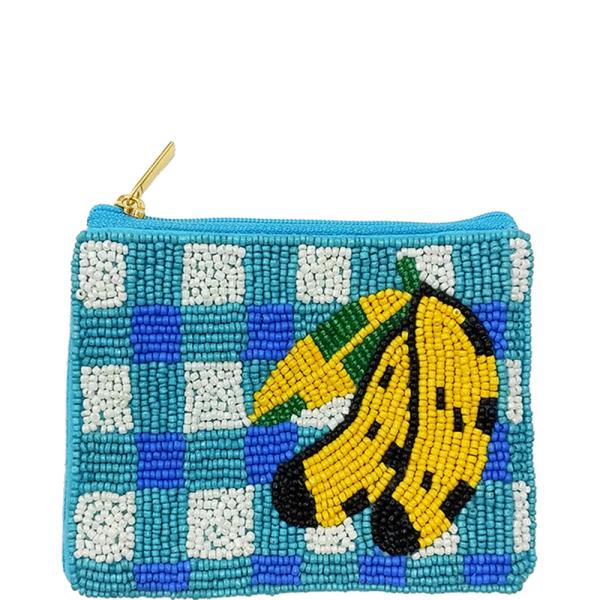 SEED BEAD PLAID BANANA COIN PURSE BAG