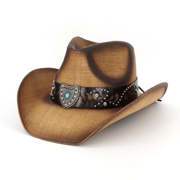 VINTAGE STRAW COWBOY HAT WITH TURQUOISE SHIELD  SUNBURST EMBLEM BAND
