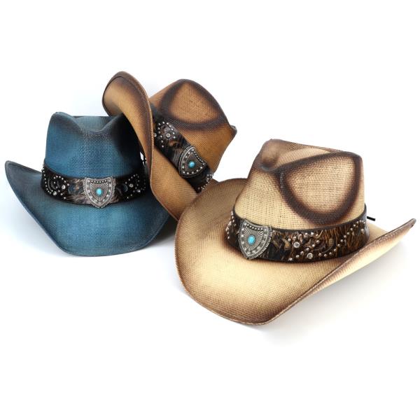 VINTAGE STRAW COWBOY HAT WITH TURQUOISE SHIELD  SUNBURST EMBLEM BAND