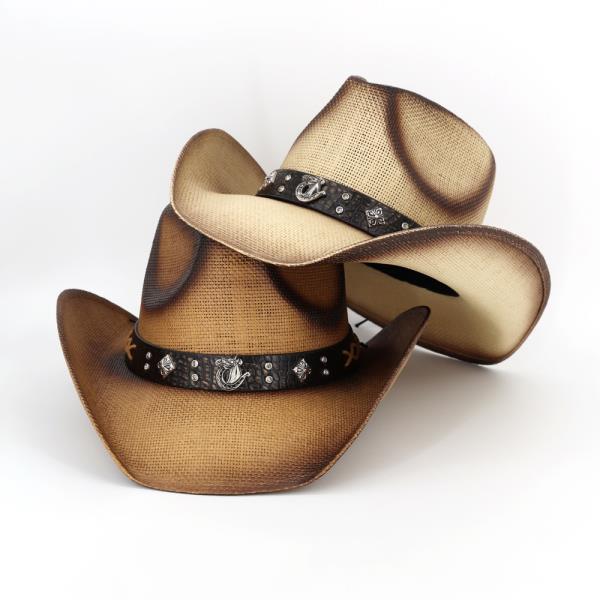 VINTAGE STRAW COWBOY HAT WITH WILD LEATHER RHINESTONE HORSESHOE BAND