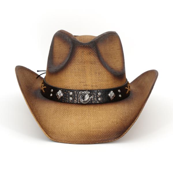 VINTAGE STRAW COWBOY HAT WITH WILD LEATHER RHINESTONE HORSESHOE BAND