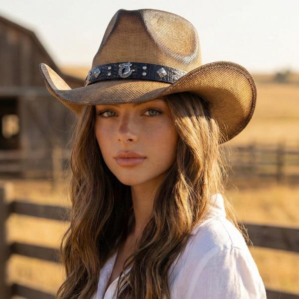 VINTAGE STRAW COWBOY HAT WITH WILD LEATHER RHINESTONE HORSESHOE BAND
