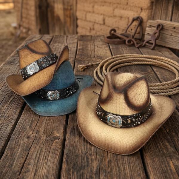 VINTAGE STRAW COWBOY HAT WITH TURQUOISE GEM FLOWER CONCHO BAND