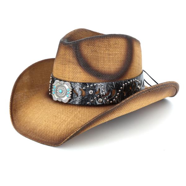 VINTAGE STRAW COWBOY HAT WITH TURQUOISE GEM FLOWER CONCHO BAND