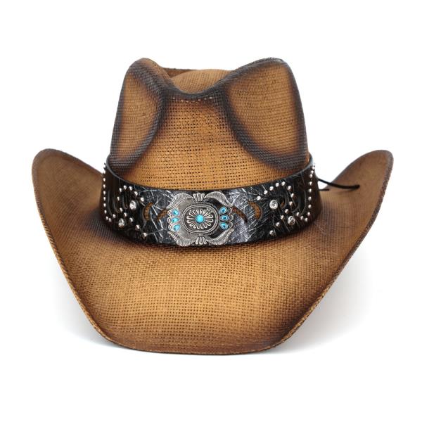 VINTAGE STRAW COWBOY HAT WITH TURQUOISE GEM FLOWER CONCHO BAND