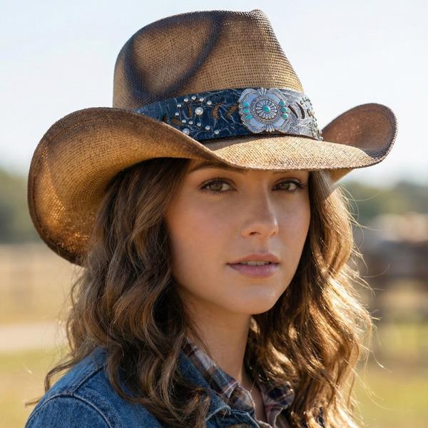 VINTAGE STRAW COWBOY HAT WITH TURQUOISE GEM FLOWER CONCHO BAND