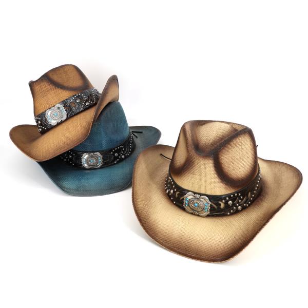 VINTAGE STRAW COWBOY HAT WITH TURQUOISE GEM FLOWER CONCHO BAND