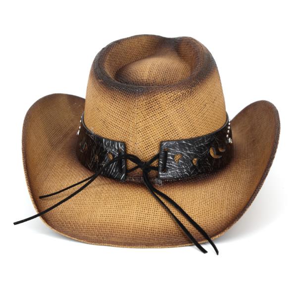 VINTAGE STRAW COWBOY HAT WITH TURQUOISE GEM FLOWER CONCHO BAND