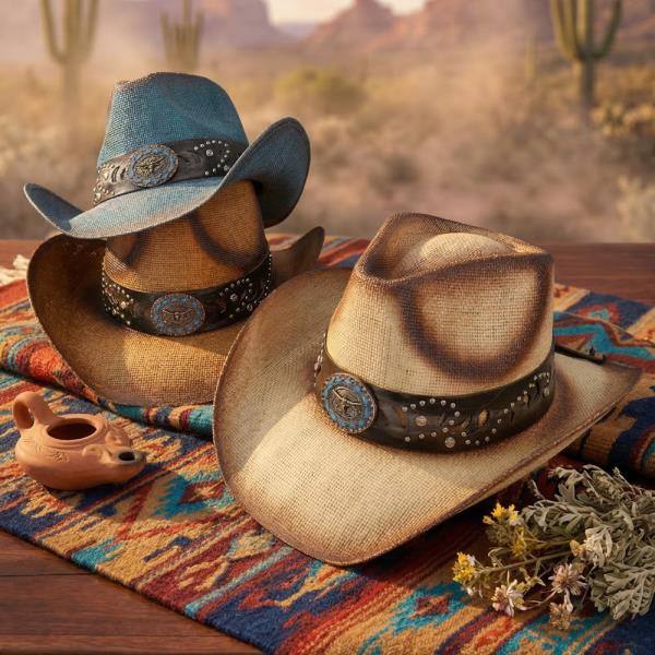 VINTAGE STRAW COWBOY HAT WITH BLUE RIM BULL HEAD CONCHO BAND