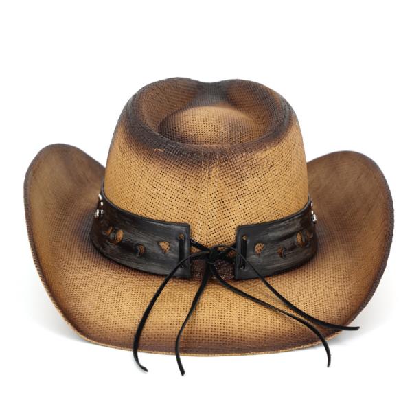 VINTAGE STRAW COWBOY HAT WITH BLUE RIM BULL HEAD CONCHO BAND