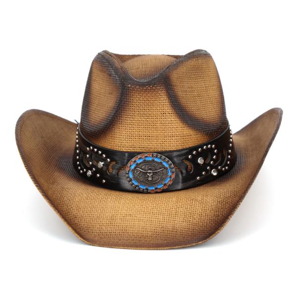 VINTAGE STRAW COWBOY HAT WITH BLUE RIM BULL HEAD CONCHO BAND