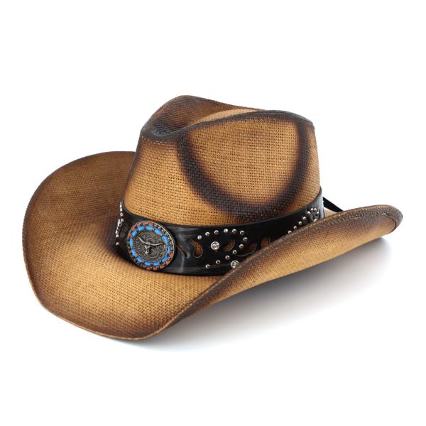 VINTAGE STRAW COWBOY HAT WITH BLUE RIM BULL HEAD CONCHO BAND